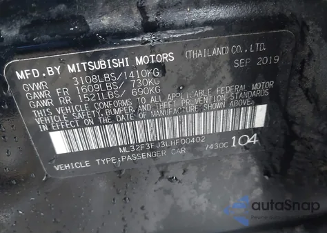 2020 Mitsubishi Mirage G4 Es from USA, damaged, VIN ML32F3FJ3LHF00402